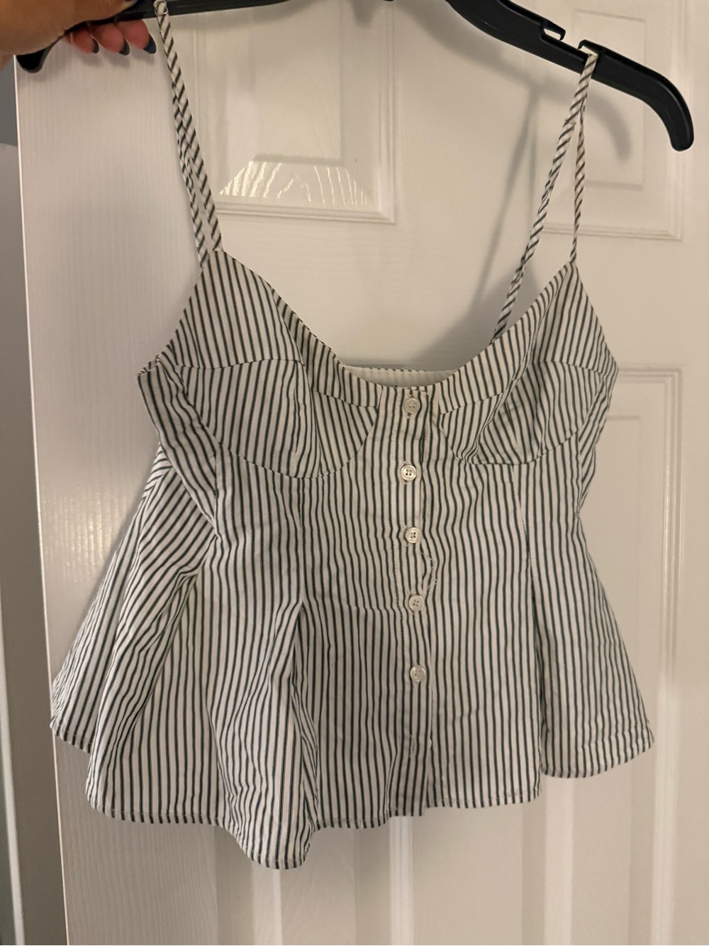 Zara White and Green Striped Button-Front Spaghetti Strap Top